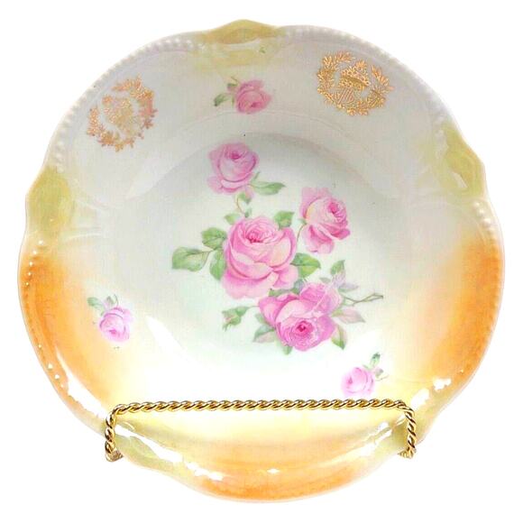 Antique Germany Large 8.5" Porcelain Serving Bowl Scalloped Edge Rose Floral - Picture 3 of 7